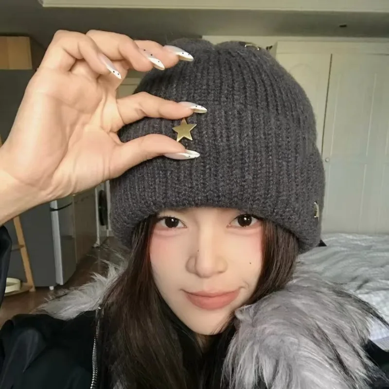 Star Knitted Hat Women Winter Korean Version Small Face Head Wrap Cold Hat Thickened Warm Big Head Circumference Wool Beanie