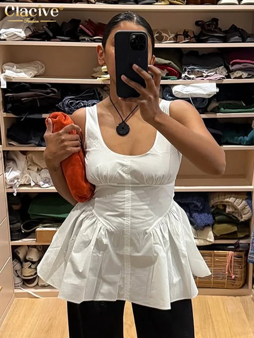 

Clacive Sexy Slim White Cotton Women Tank Top 2026 Summer U-Neck Sleeveless Vest Elegant Classic Solid Pleated Top Female Clothi