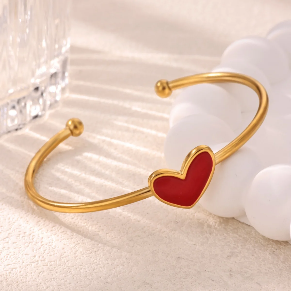 Stainless Steel Red Enamel Heart Open Cuff Bangle for Women Ball Ends Thin Adjustable Bracelet Trendy Valentine Jewelry Gift