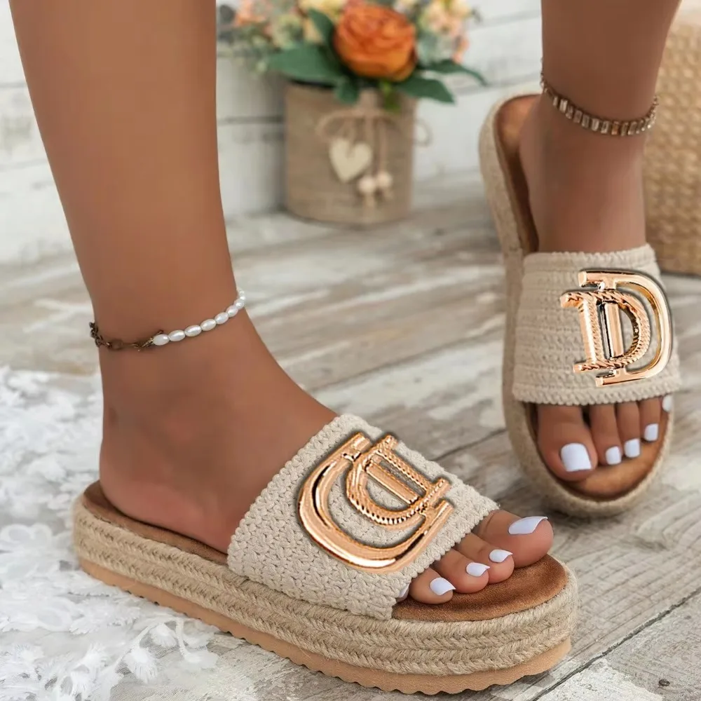 

Women Luxury Decor Slide Sandals Woven Rope Upper Round Open-Toe Thick Bottom Flat Soles Slip On Platform Casual Summer Outdoor