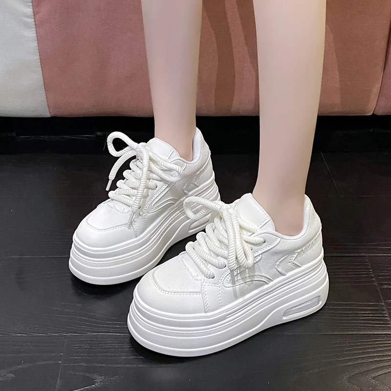 White/Silver 8CM High Platform Shoes Women Mesh breathable Sneaker Real Leather Height Increasing Sports Basketball Walking Shoe