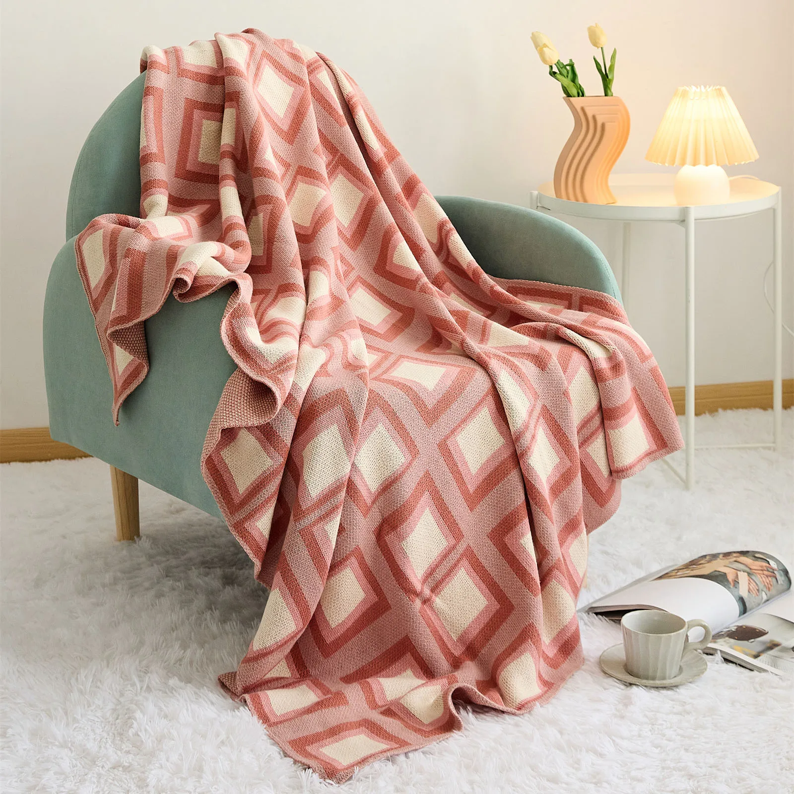 YIRUIO Healing Frame Plaid Design Blanket Elegant Graceful Pink Blue Fluffy Warm Soft Cotton Bed Sofa Decorative Throw Blankets