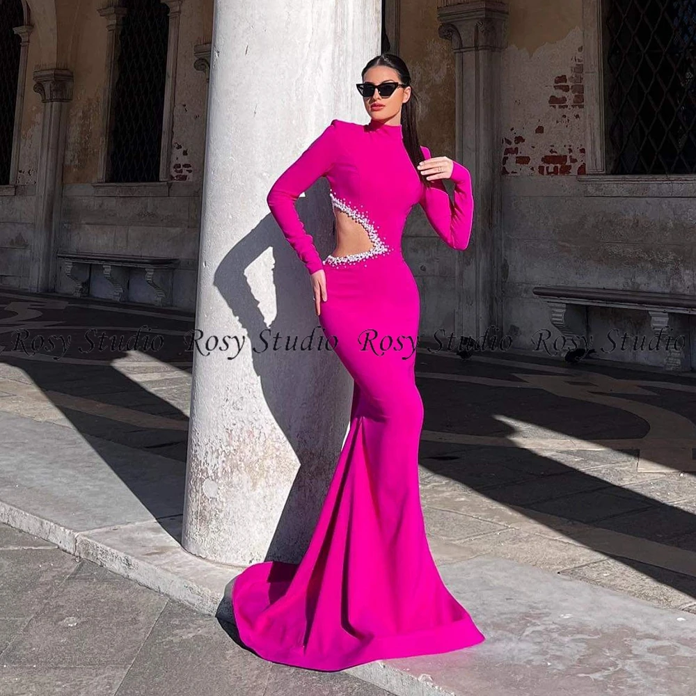 2023 New High Collar Mermaid Prom Dresses Saudi Arabia Long Sleeves Evening Gowns with Pearls Fuchsia Formal Party Wear