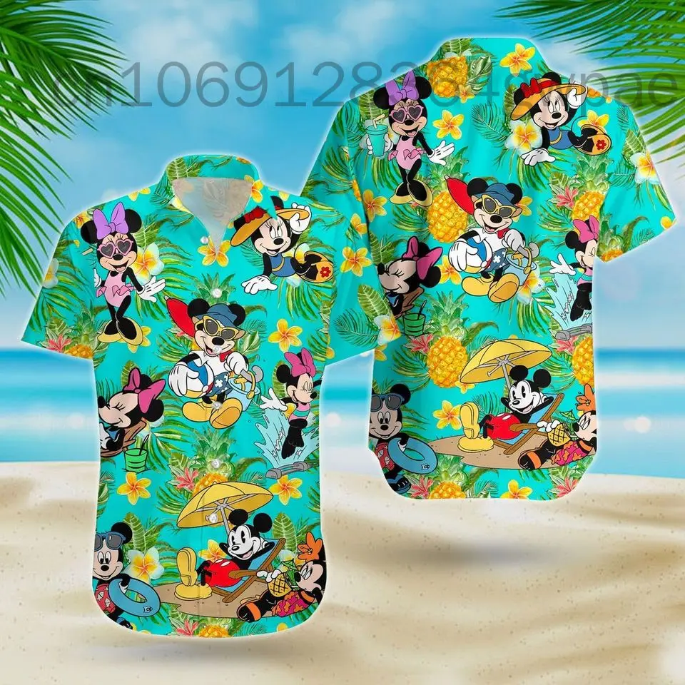 Disney Minnie koszula hawajska kobiet mężczyzn z krótkim rękawem koszula plażowa Disney w stylu Casual, imprezowa zapinana koszula hawajska moda uliczna