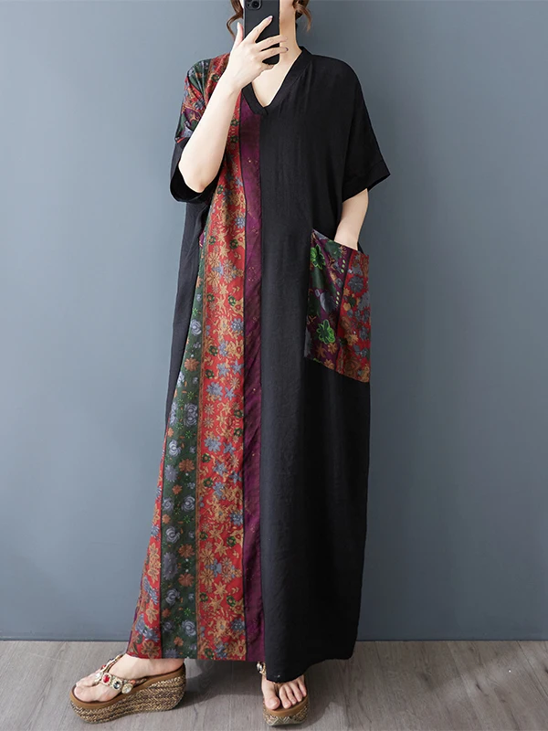 

Новинка лета, большие размеры, длинный хлопок и льняной принт, тонкий V Ne ort Sve Color Blo Bla Dr, удобная свободная повседневная одежда