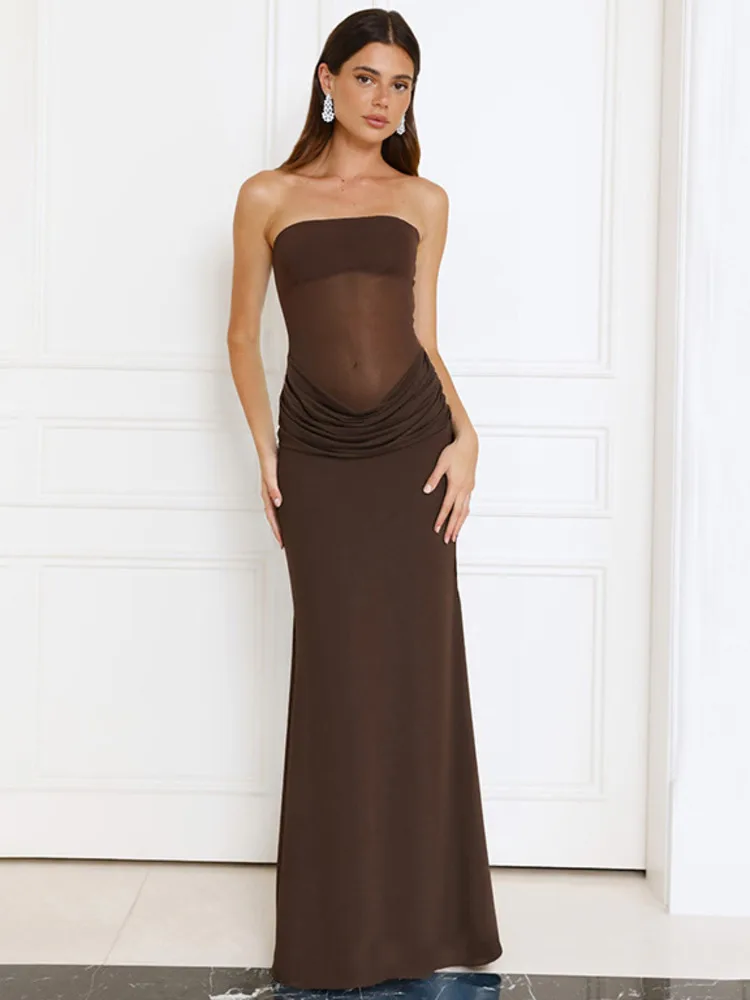 

Mozision Off-shoulder Strapless Ruched Sexy Maxi Dress Women Fashion Mesh See Through Sleeveless Backless Bodycon Club Dresses