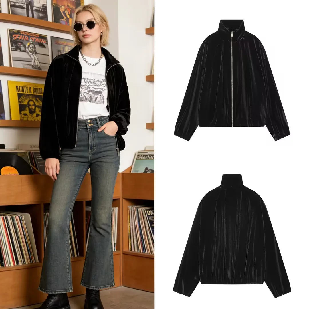 

Женская повседневная свободная куртка, осень-зима, модная ретро-мода, уличная бархатная куртка-бомбер, верхняя одежда, теплое пальто с воротником-стойкой на молнии