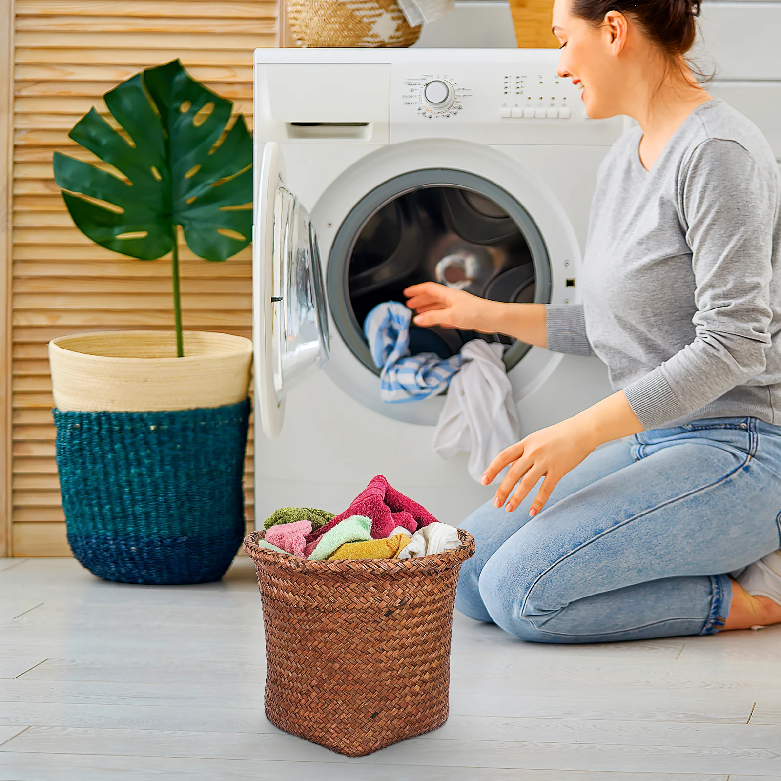 

Woven Straw Storage Basket Household Waste Trash Bin Office Garbage Can Bathroom Bedroom Decorative Container Wastebasket Home