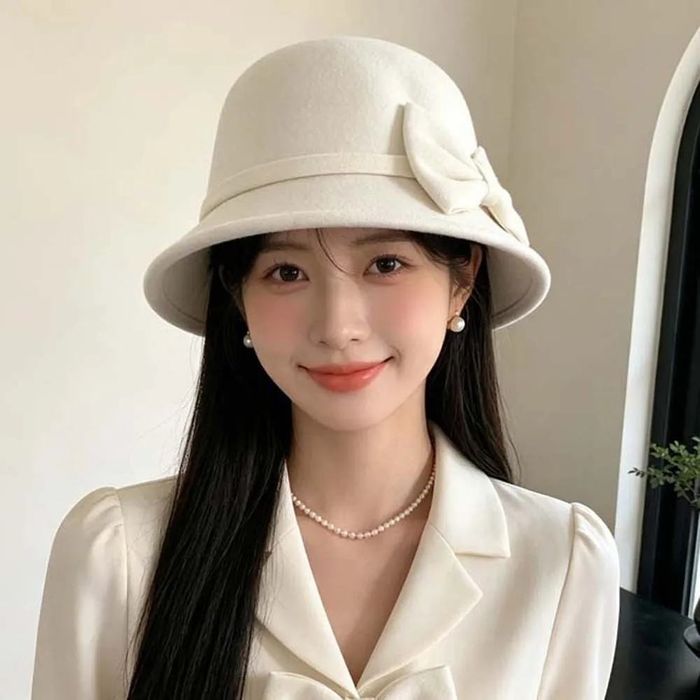 Korean Style Winter Woolen Hat Soft Felt Solid Color Elegant Bucket Hat Warm Fleece Chic Design Vintage Fedora Cap Daily Commute