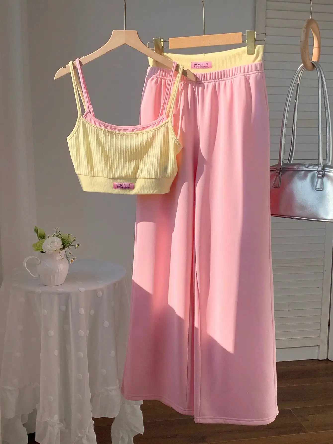

Casual 2 Piece Set Sleeveless Top And Wide Leg Pants Pink Yellow Summer Women Outfit