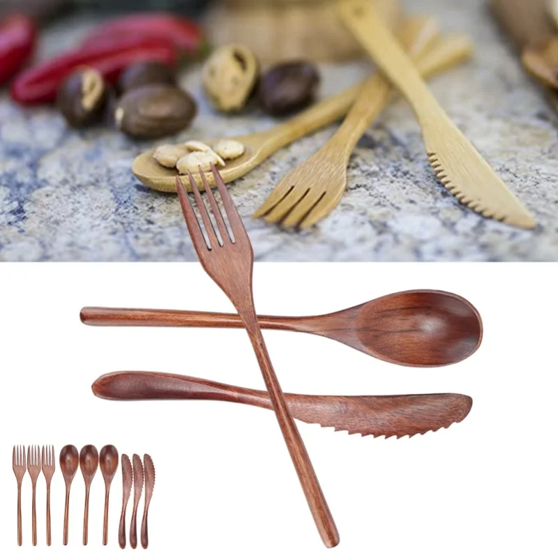 

F2 3set Wooden Tableware Fork Spoon Knife Kit Kitchen Cutlery Aldult For Home Cafe Restaurant Travel Portable Tableware Japanese