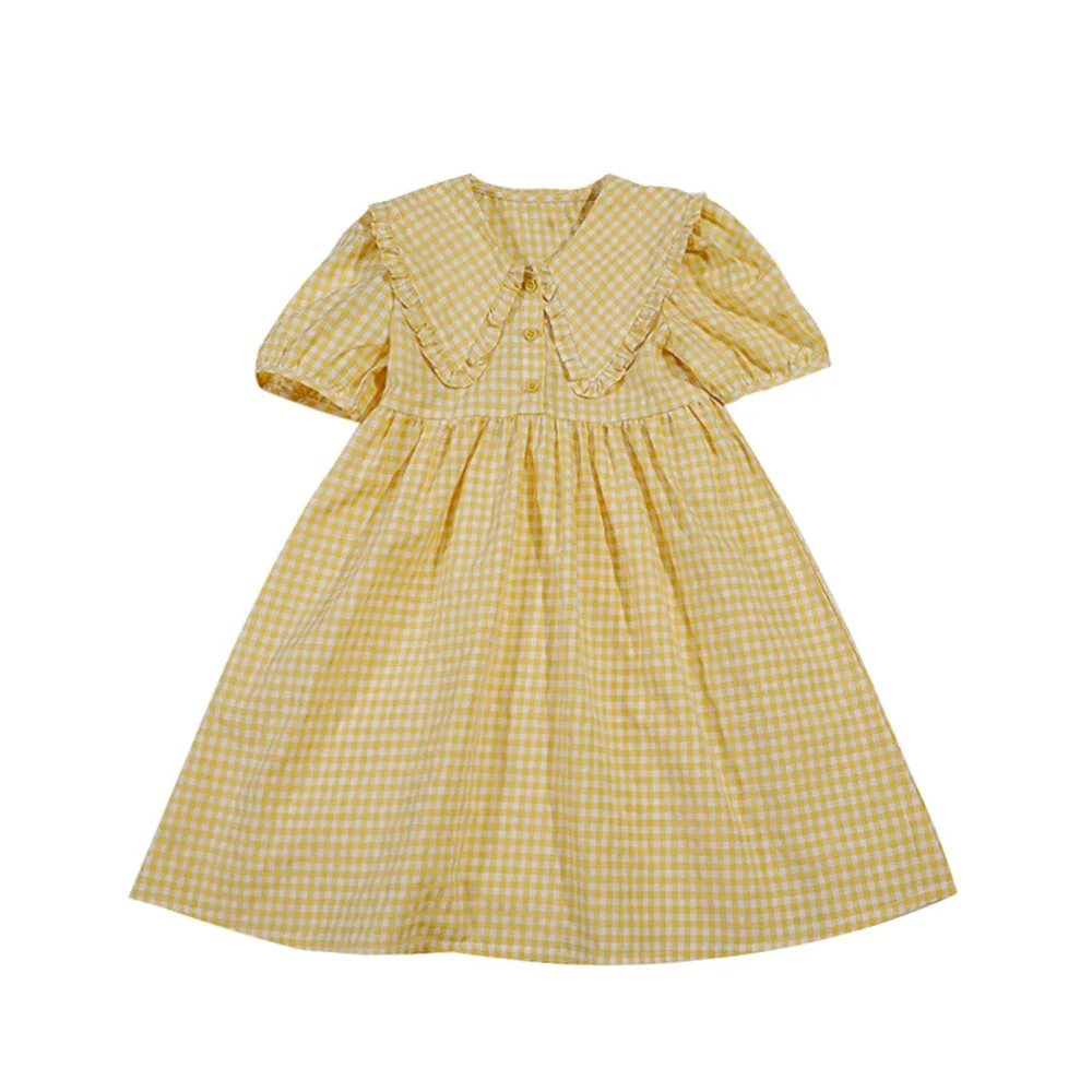 Bear Leader 2023 Summer Parent-child Casual Girl Plaid Polo Neck Bubble Sleeve Dress Mother Daughter Ruffled Soft Princess Dress