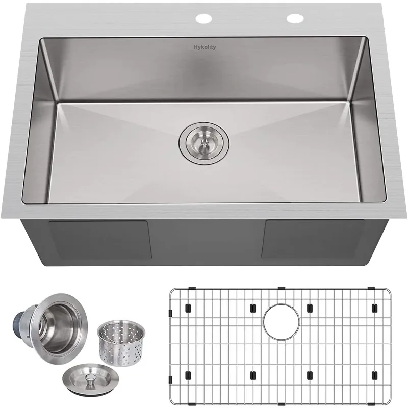 hykolity 33-inch Drop In Kitchen Sink, Single Bowl 2-Hole Stainless Steel Topmount Kitchen Sink with Strainer & Bottom Grid