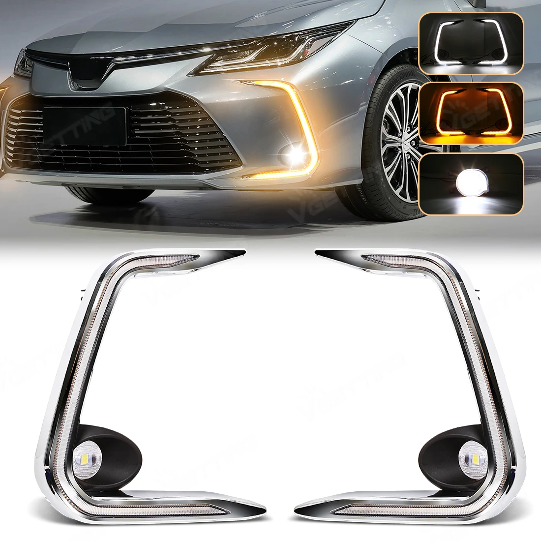 For Toyota Corolla Sedan 2019 2020 2021 2022 Car Daytime Runnig Light LED Front Fog Lamp Turn Signal Light With Chrome Covers