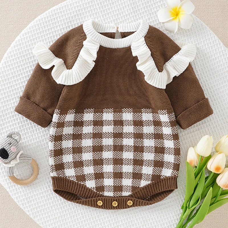 Autumn Winter Newborn Kids Baby Girls Long Sleeve Sweet Grid Knit Rompers Infant Baby Girl Children Clothes Rompers