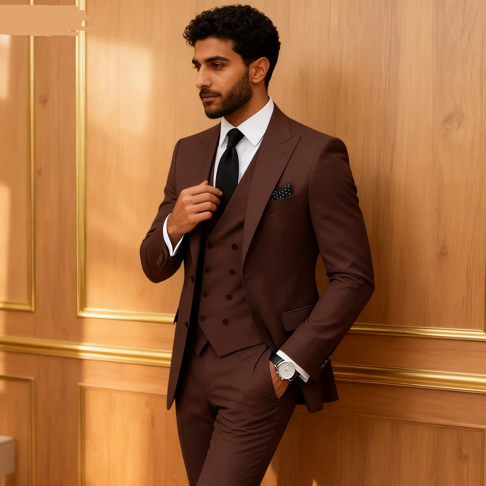 Solid Color Men's Formal Business Tuxedo Wedding Suit Slim Fit Groomsmen Smoking 3pcs Set Peak Lapel Classic Men's Suit