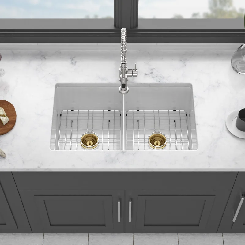 

Deep Double Bowl Undermount Kitchen Sink Dual Mount White Porcelain Rectangular Ceramic Basin Stain Resistance