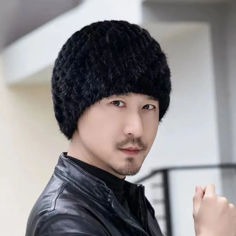 Winter Men Mink Fur Hats Natural Real Fur Knitted Cap Fashionable Fluffy Grandfather Genuine Fur Beanie Female Black Fur Caps