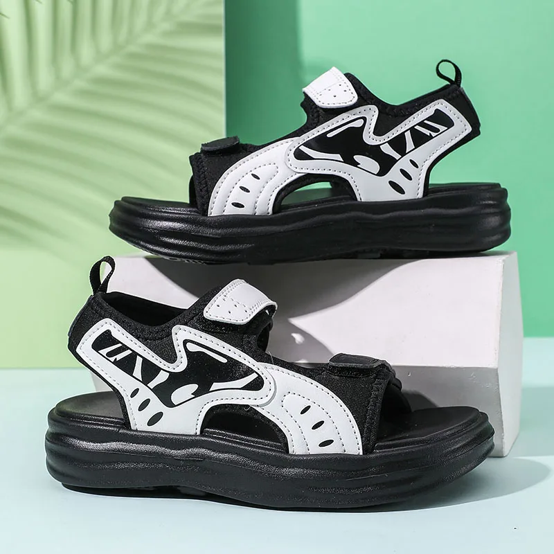 

Kids Sandals Black Fashion Flat Leather Comfortable Sandals Outdoor Lightweight Wear-Resistant Fashion Beach Shoes for Boys