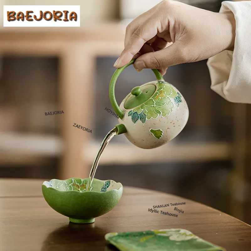 BAEJORIA Hand Painted Peony Travel Tea Set Kit Handmade 1 Pot 1 Cups Tea Maker Organizer Portable Picnic Handbag Craft Ornaments