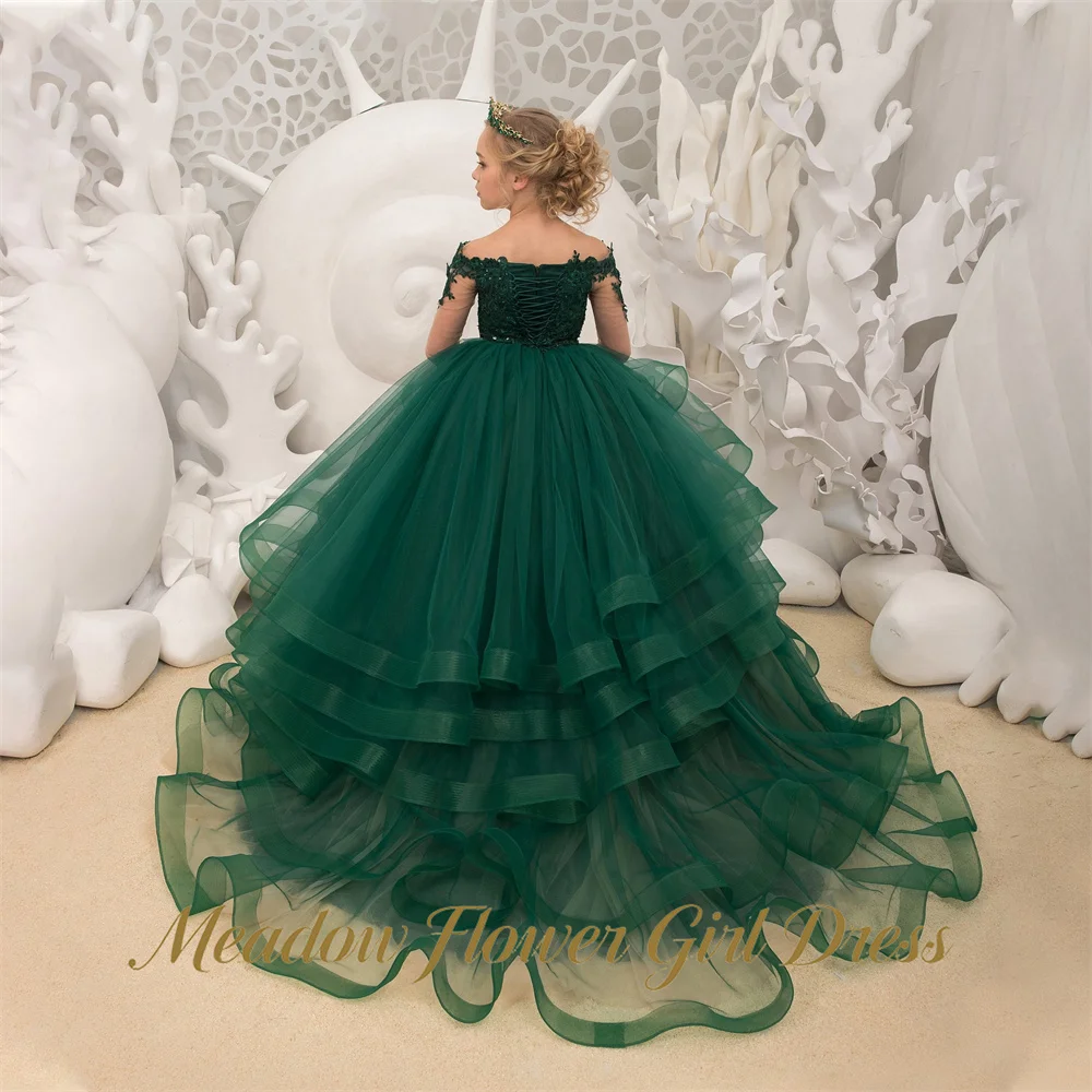 Meadow  Dark Green Princess Girls Dress Deep V Neck First Communion Gown Lace Applique Modest Children Birthday Wedding Dresses