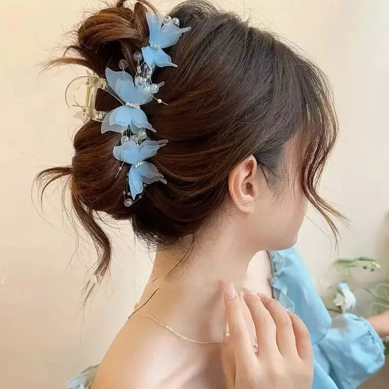 Hellblaue/Rosa Transparente Schmetterling-Haarklammer |   Perlen-Strass Fairycore Haarspange |   Elegantes Romantisches Haaraccessoire