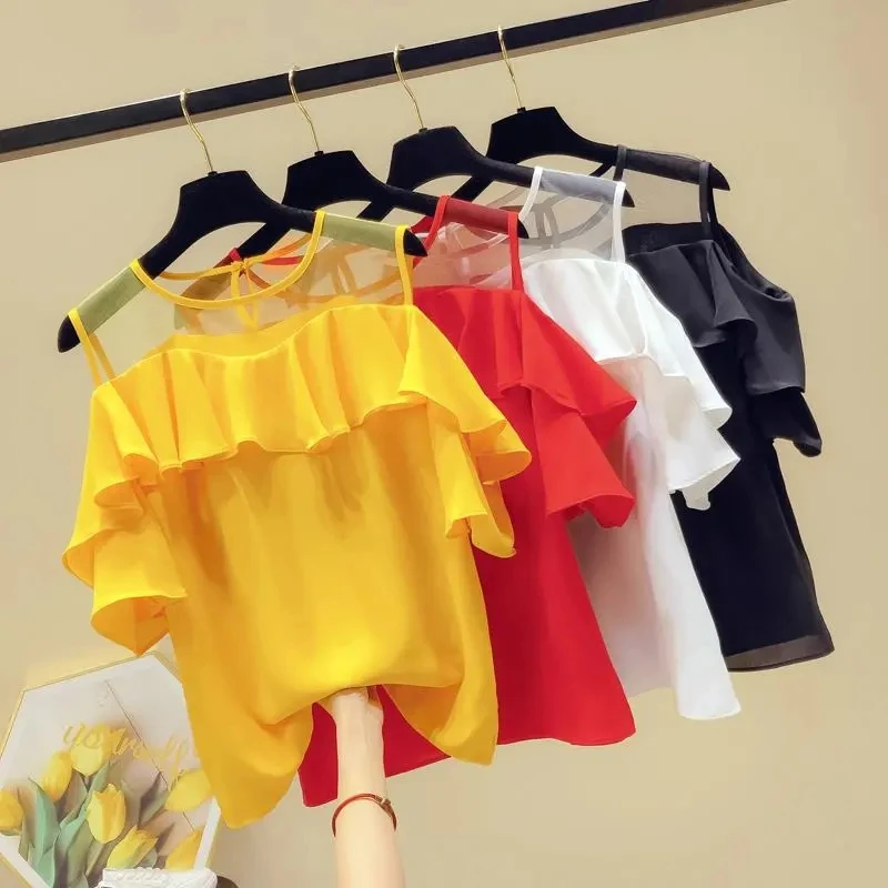 clothes womens tops and blouses Summer women blouses white blouse short sleeve chiffon blouse women shirt off shoulder top