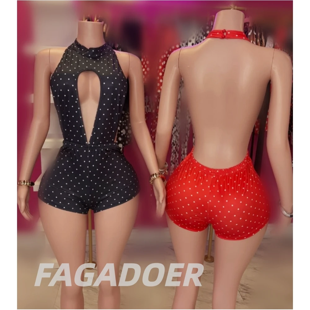 FAGADOER Sexy Hollow-out Bodycon Jumpsuit Women Sleeveless Polka Dot Print Patchwork Rompers Female Streetwear Overalls 2026 New