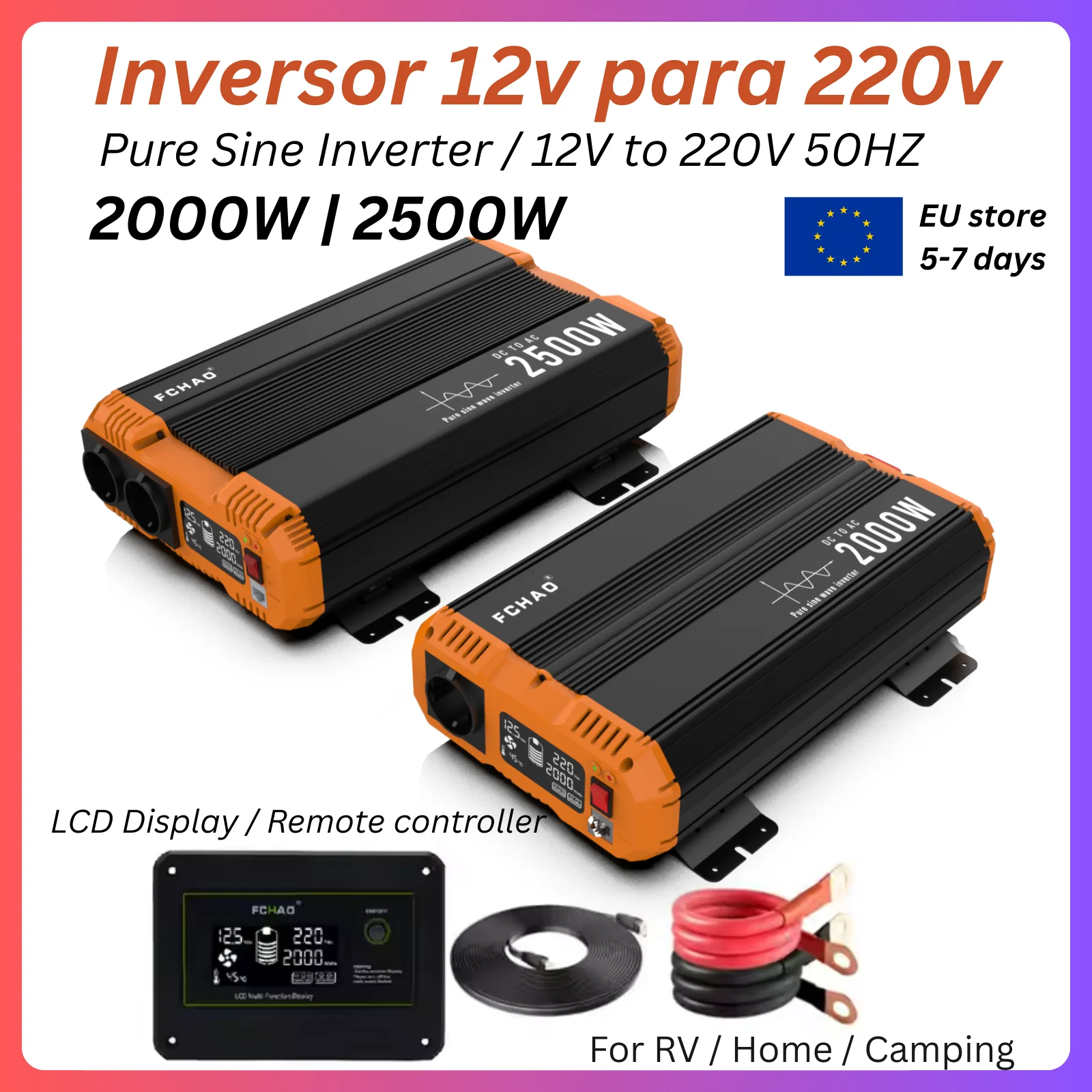 FCHAO Convertitore di potenza 50Hz a onda sinusoidale pura inversa per auto da 2000 W/2500 W da 12 V a 220 V con LCD e controller posteriore per camper Home Cam