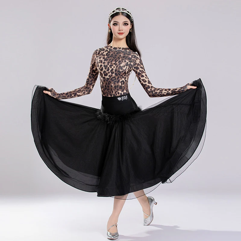 

Ballroom Dance Clothes Girl Long Sleeve Leopard Dance Leotard Black Practice Skirt Standard Modern Dancing Performance Wear 5472