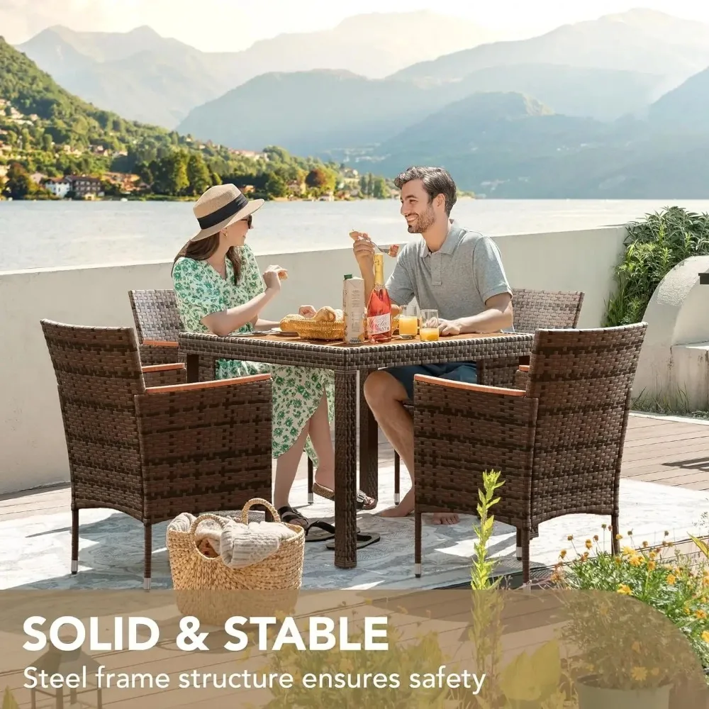 Patio Conversation Set with Acacia Wood Top, Rattan Outdoor Dining Table and Chairs for Backyard, Garden, Deck image 6