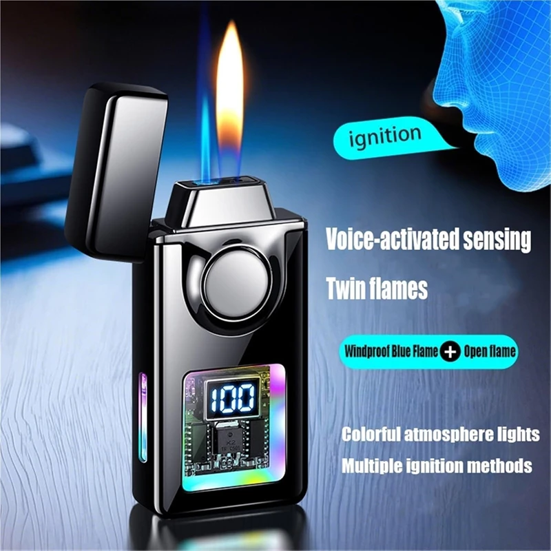 Smart Voice-Activated Induction Dual-Flame Butane Lighter Visible Air Window LED Color Light Display For Barbecue Candle Outdoor