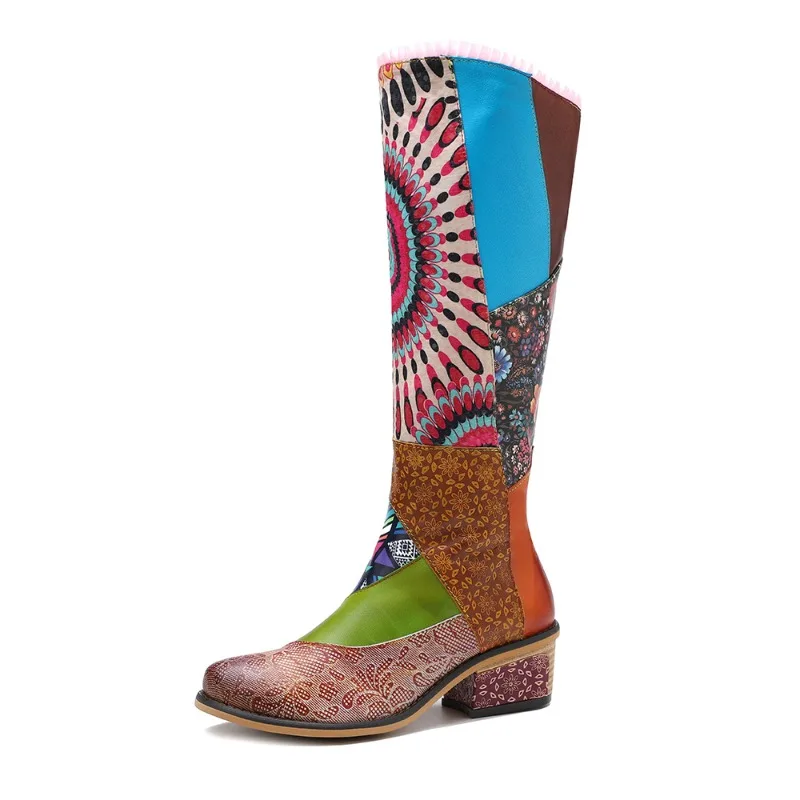 

4cm Mixed Color Heels ZIP Autumn Spring Contoured Ethnic Knee High Boots Woman Plus Size Print PU Genuine Leather Shoes