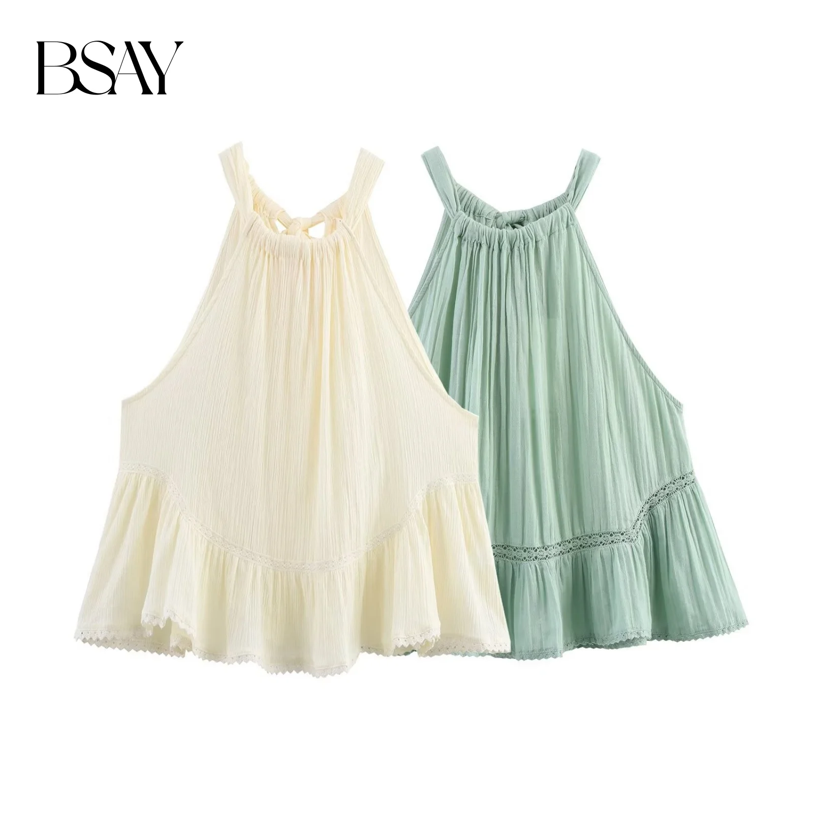 BSAY hollow out vest summer new women clothing Sweet girl's Off Shoulder tank chic Hanging neck collar bow tie sleeveless top