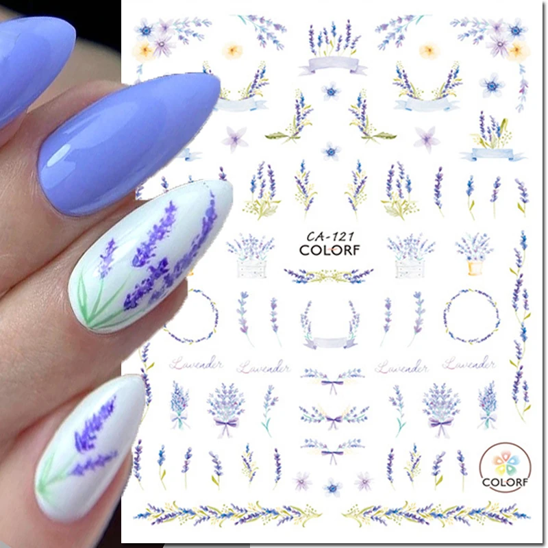 Adesivi per Nail Art 3d mazzo Lavenders fiori viola foglie cursori adesivi decalcomanie per unghie decorazione Manicure