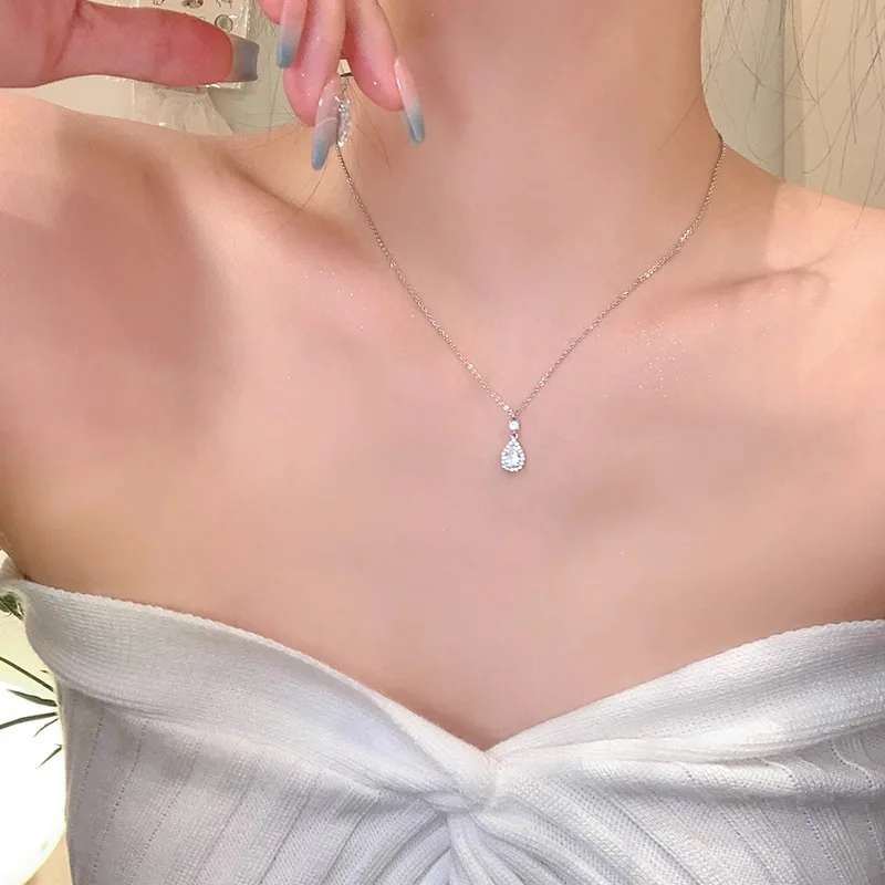 Luxury Shiny 925 Sterling Silver Inlaid Zircon Waterdrop Shaped Pendant Necklace for Women Girl Collarbone Chain Charm Jewelry