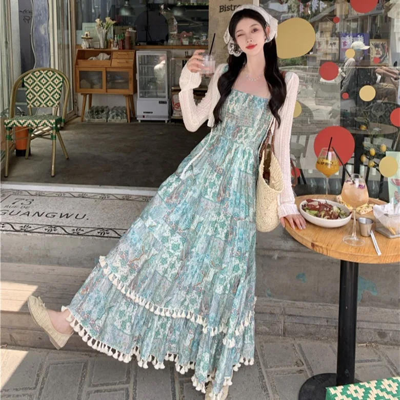 

Оранжевое летнее винтажное шифоновое платье на бретельках с тяжелой вышивкой и кардиганом с квадратным воротником Maxi Dr Sweet Sle High Wa...