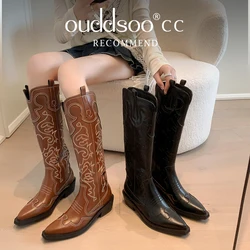 Ods Retro Embroidered Women's Western Boots Autumn And Winter Cowhide Square Head Thick Mid Heel Women's Knee Long Knight Boot41