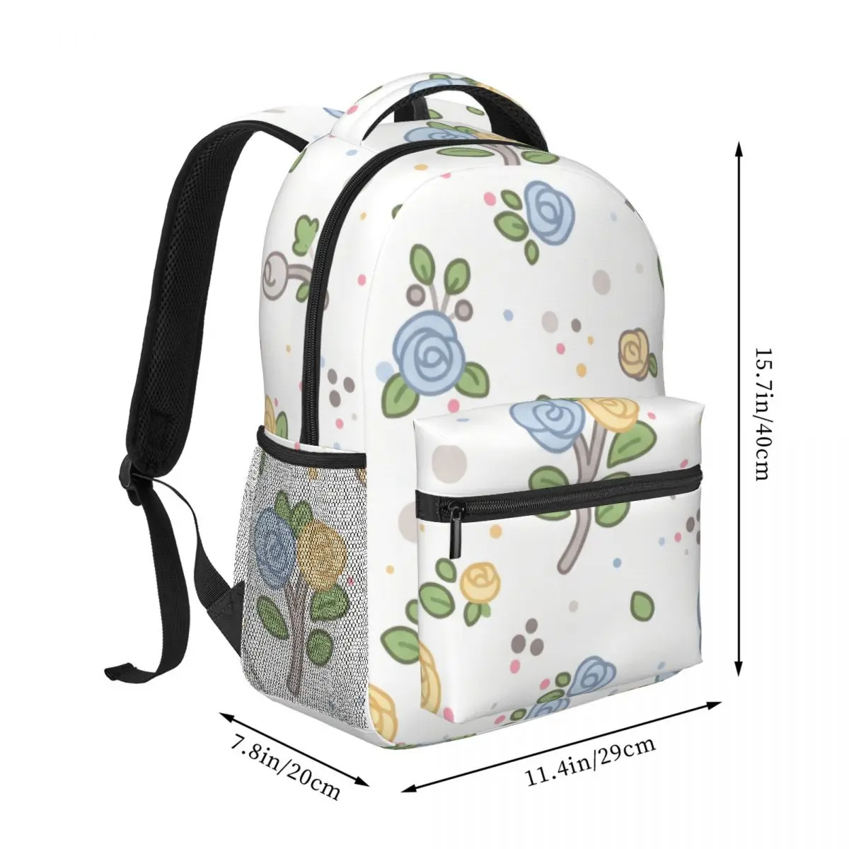 Botanical Aesthetic Backpack Tossed Rose Flower Leaf Stem Cute Kawaii Light Ground Sweet Bookbag for Girls Teens Daily School