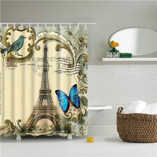 Vintage Style Retro Paris Eiffel Tower Bathroom Shower Curtains Frabic Waterproof Polyester Bath Curtain With Hooks