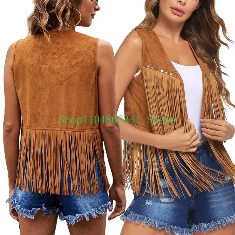

5asd Fringe Vest Women Faux Suedes Cowgirl Costume Open Tassels 70s Hippie Clothes