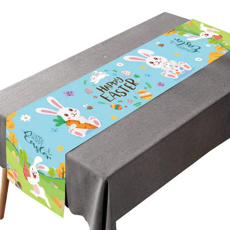 Happy Easter Table Runner Holiday Cute Rabbit Kitchen Dining Tabletop Decoration Seasonal Spring Holiday Kitchen Dining Table