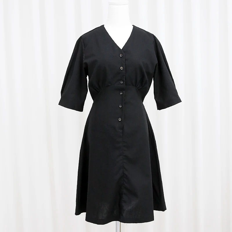 [Manika] V-Neck Puff One-Piece Dress Women's Short Sleeve Summer Ops Guest Look (2Colors)