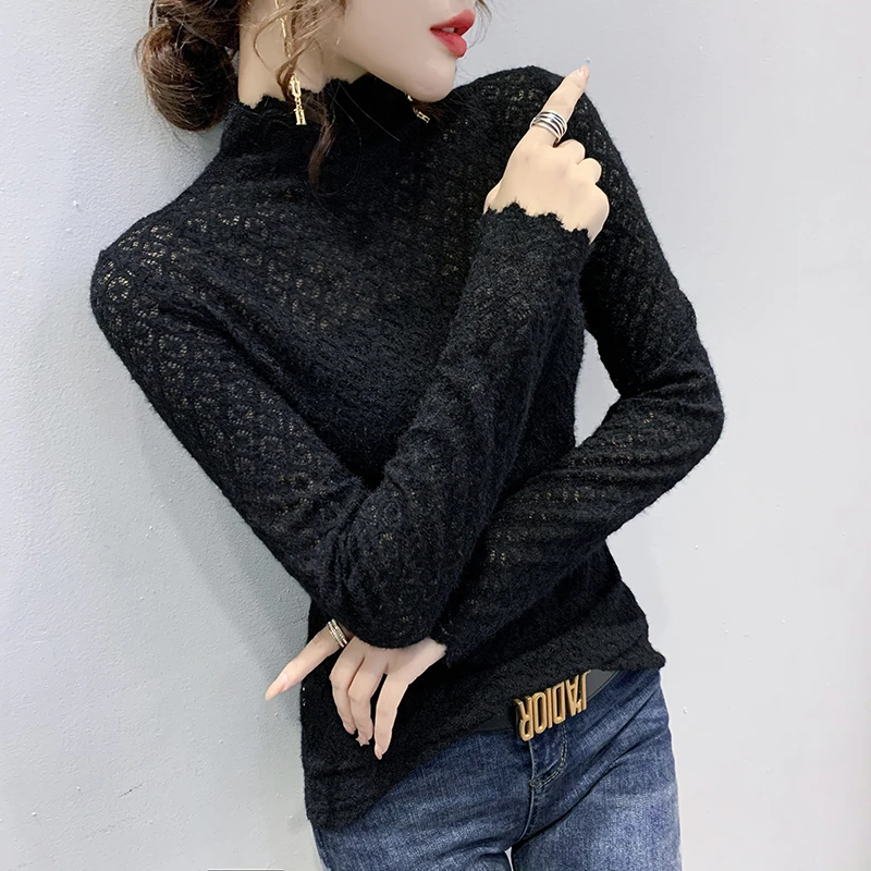 

Winsleter Elegant Basic Tshirt Send Wrap Long Sleeve Tees Autumn Winter Women Turtleneck Brushed Lace Slim Tops T37063JC