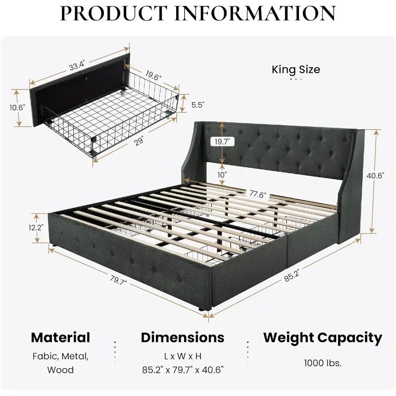 SHA CERLIN King Size Platform Bed Frame with Storage Drawers and Wingback Headboard