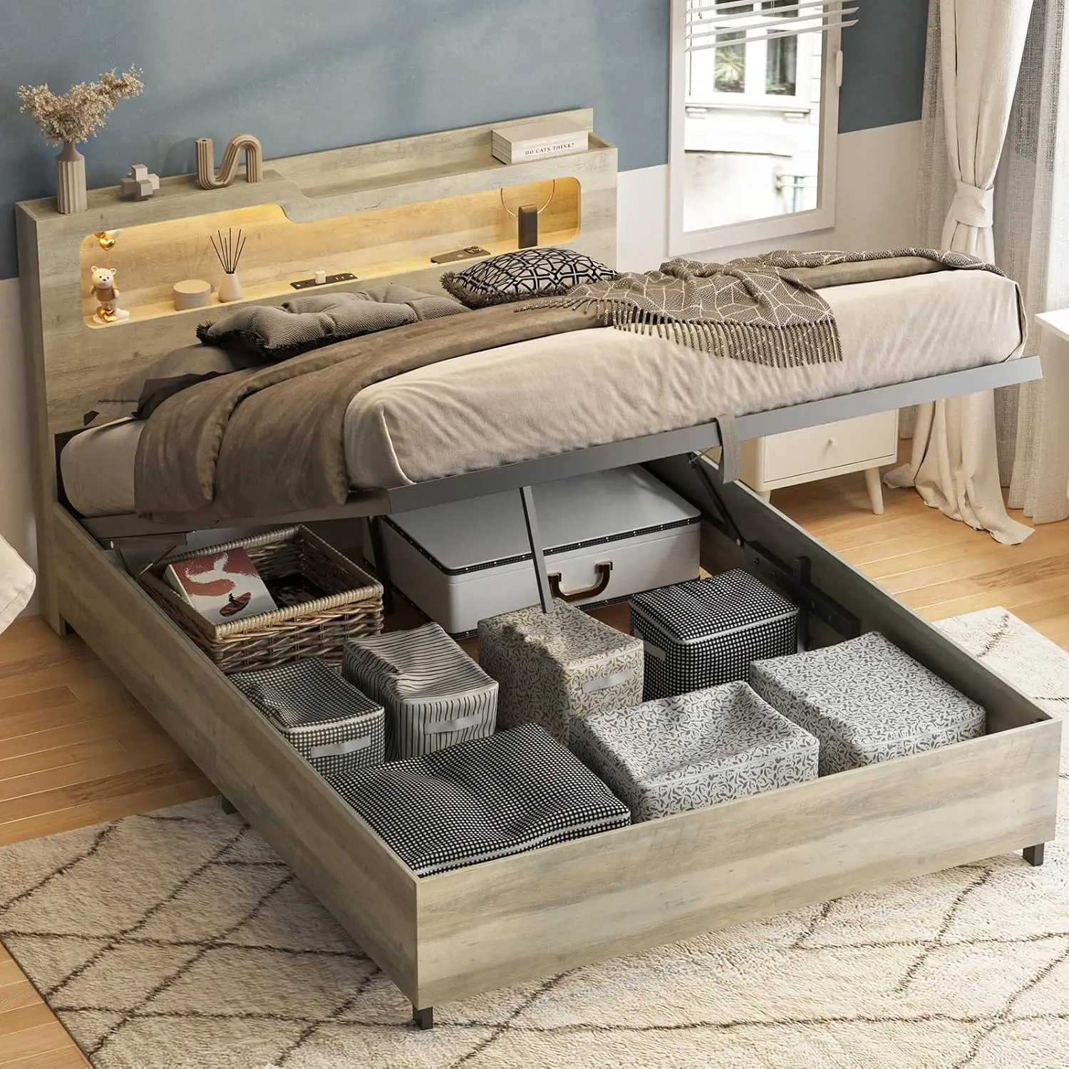 Full Lift Up Storage BED Frame Wooden Platform 2-tier Headboard USB Charging