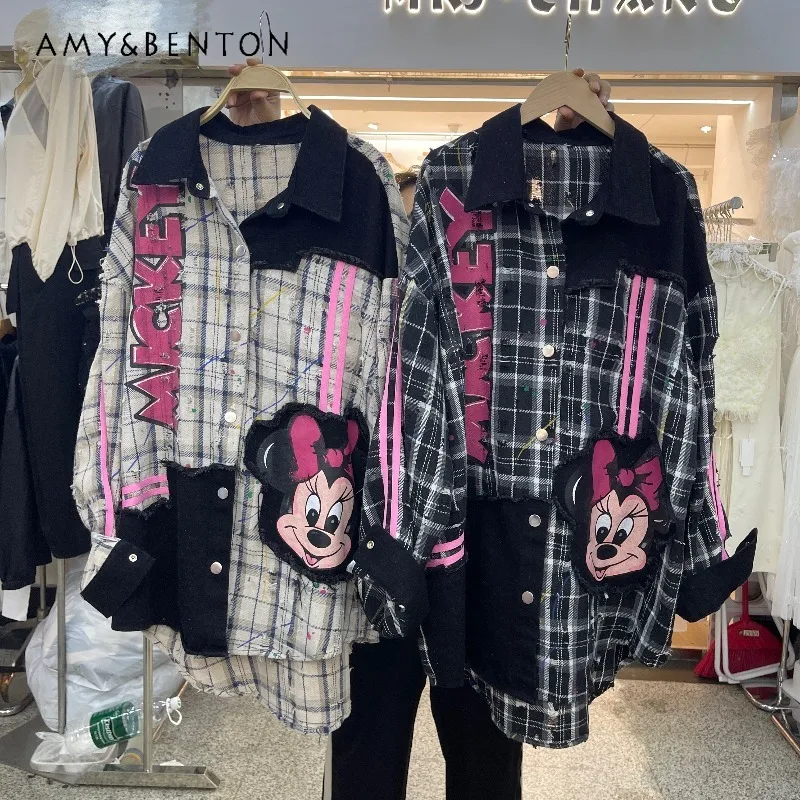 

Trendy Plaid Shirt Long Sleeves Top Spring Polo Collar Single-breasted Mid-length Age-defying Print Fashionable Cardigan Blouse
