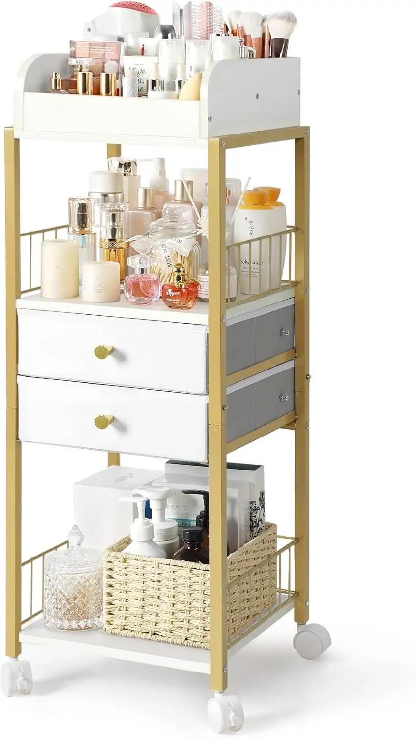 Floor Makeup Organizer with Drawers, Large Capacity Cosmetic Storage for Vanity, Gold
