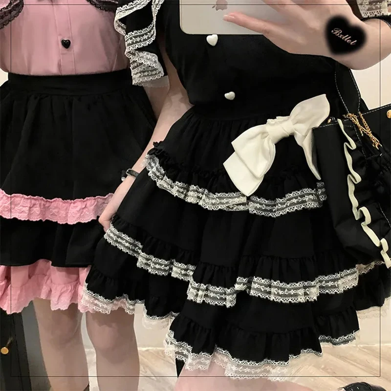 Gidyq Summer Women Bow Mini Skirt Japan Style Fashion Cute Lace A Line Skirts Y2K Female High Waist Casual Folds Skirts New