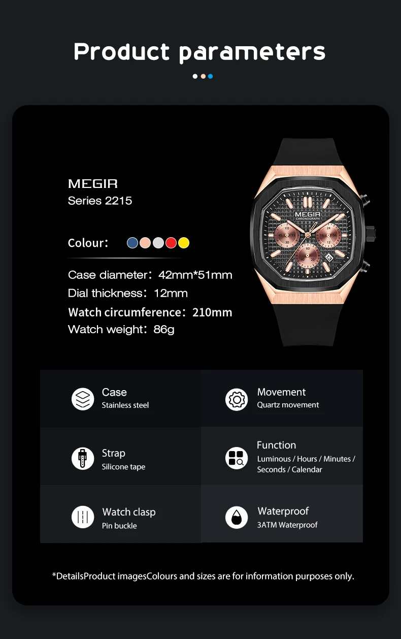 MEGIR Men Watches Luxury Casual Sports Chronograph Silicone Strap Military Quartz Wristwatch Calendar Waterproof Clock 2215